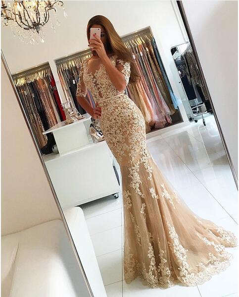 Champagne Lace Evening Dresses,handmade Half Sleeves Sexy Mermaid Lace Long Prom Dresses