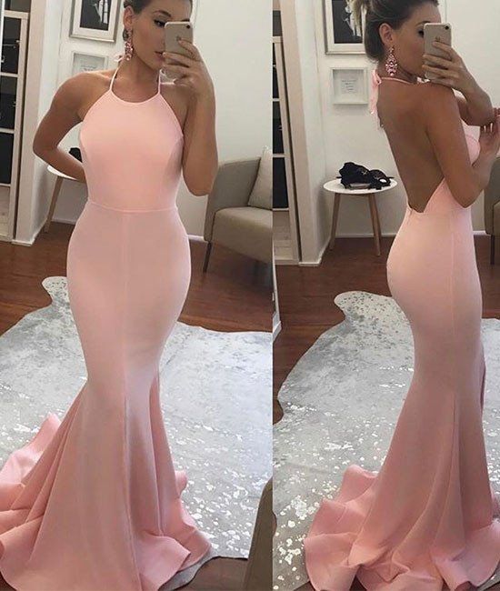 2018 Halter Mermaid Long Prom Dress ,open Back Evening Dress,pink Party Dress, High Quality