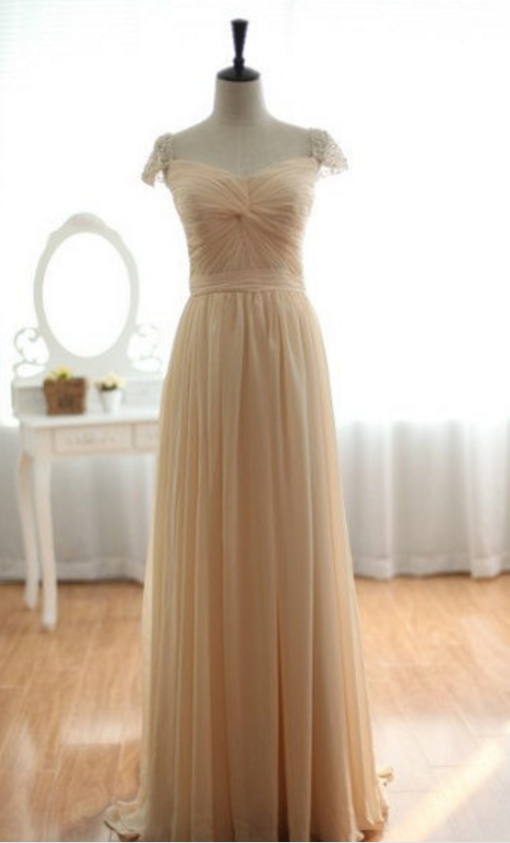 Vintage Long Champagne Chiffon Dress, With Beaded Cap Sleeves Evening Dress,champagne Formal Dress,