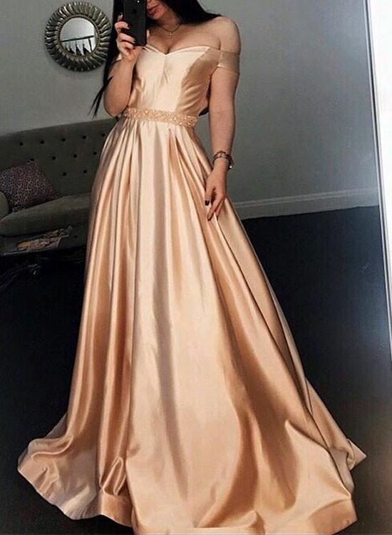 Chic Custom Made Champagne Off Shoulder Long Prom Dress, Champagne Evening Dress,long Evening Dresses