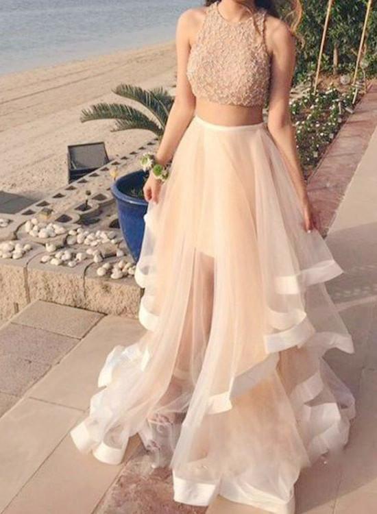 Champagne Two Pieces Sequin Tulle Long Prom Dress, Formal Dresses,prom Dresses,graduation Dress,