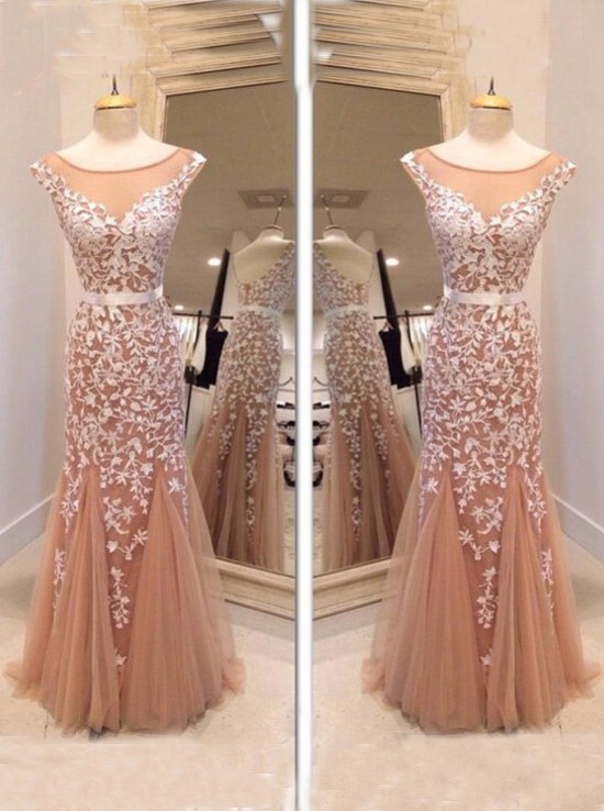 Glamorous Mermaid Tulle Floor Length Champagne Cocktail Prom Dress With Appliques Evening Dress,