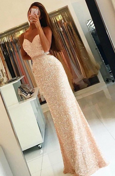 Mermaid Square Criss-cross Straps Champagne Sequined Prom Dress With Beading Evening Dress,