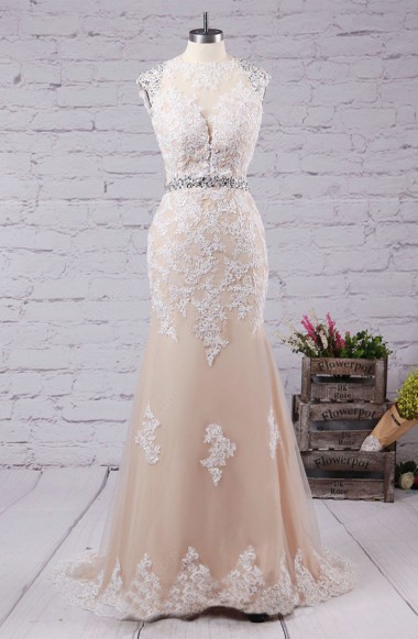 Charming Mermaid Jewel Sweep Train Open Back Champagne Tulle Prom Dress With Applqiues Beading