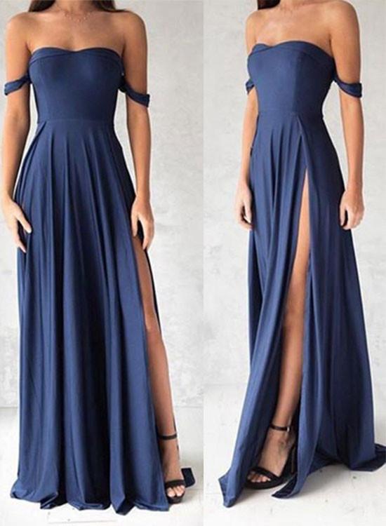 Navy Blue Shoulder Long Prom Dress, Evening Dresses,slit Bridesmaid Dresses,graduation Dress, Prom Dress,