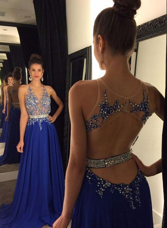 Charming Royal Blue Chiffon Beaded Formal Dress, Evening Dresses, Prom Dress