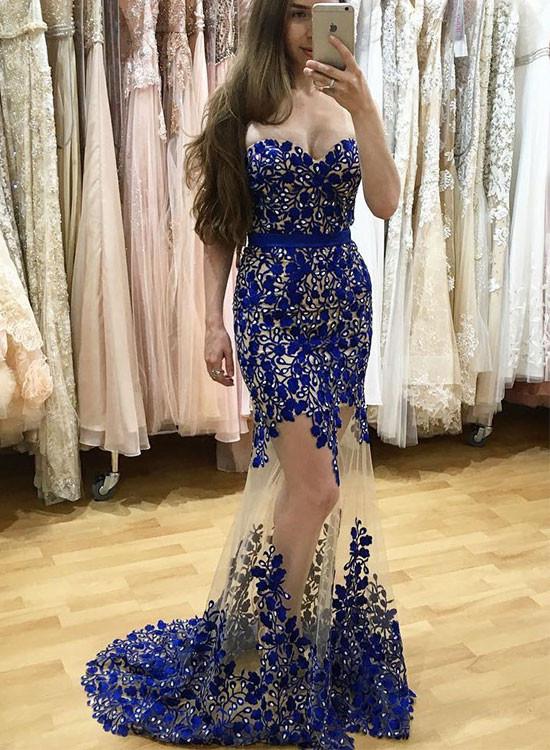 Mermaid Sweetheart Neck Blue Lace Long Prom Dress,beaded Formal Dress, Evening Dresses, Prom Dress