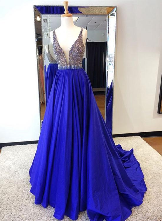 Unique Custom Made Royal Blue Beading Long Prom Dress, Blue Evening Dress,sexy Prom Dress,a-line Prom Dresses