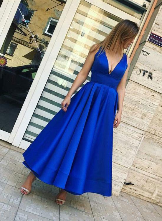 Simple Royal Blue V Neck Prom Dress, Tea Length Long Prom Dress, Blue Evening Dress, Prom Dress,a-line Prom Dresses