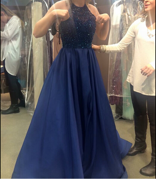 Fashion A-line Prom Dresses ,long Evening Dress,royal Blue Prom Dress,beaded Princess Prom Dresses,sexy Evening Gown