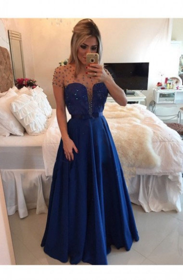 Blue Tulle Prom Dresses with Detachable Sleeves