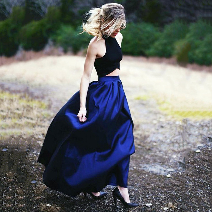 High Neck Halter Two Piece Long Prom Dress, Floor Length Pleats Satin Prom Dress, Black And Royal Blue Crop Top Prom Dress