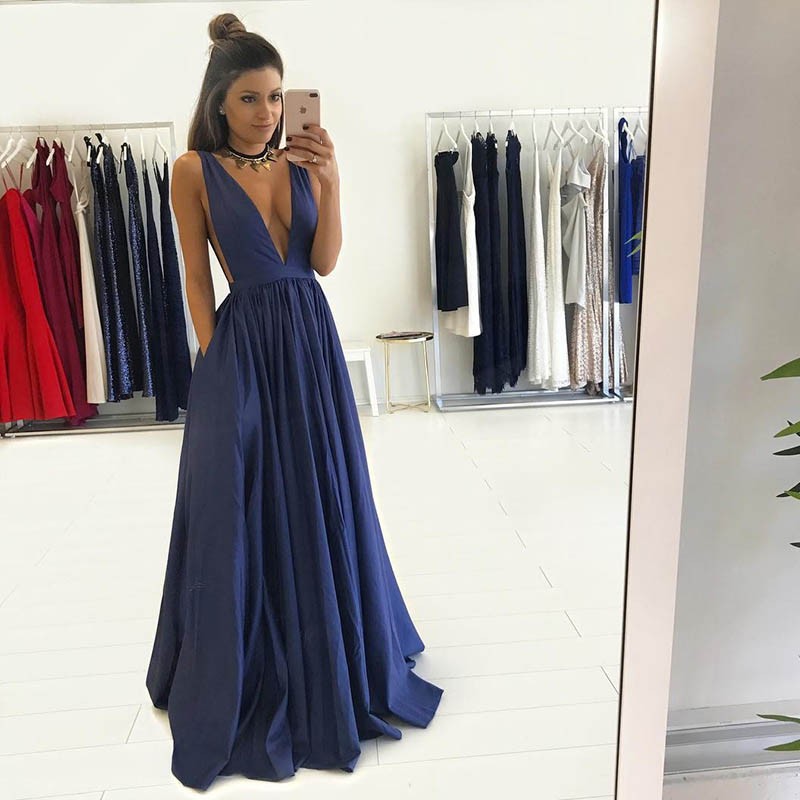 2017 Sexy Dark Royal Blue Deep V-neck Long Prom Dresses, Evening Dresses, Prom Dress