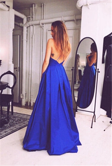 Ball Gown V Neck Spaghetti Strap Backless Long Royal Blue Satin Prom Party Gown
