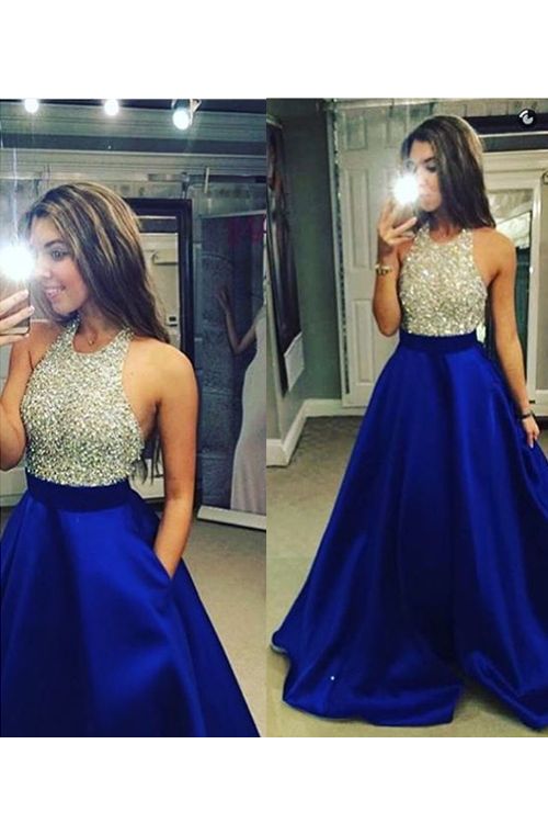Rpyal Blue A-line Elastic Stain Cross Back Prom Dresses