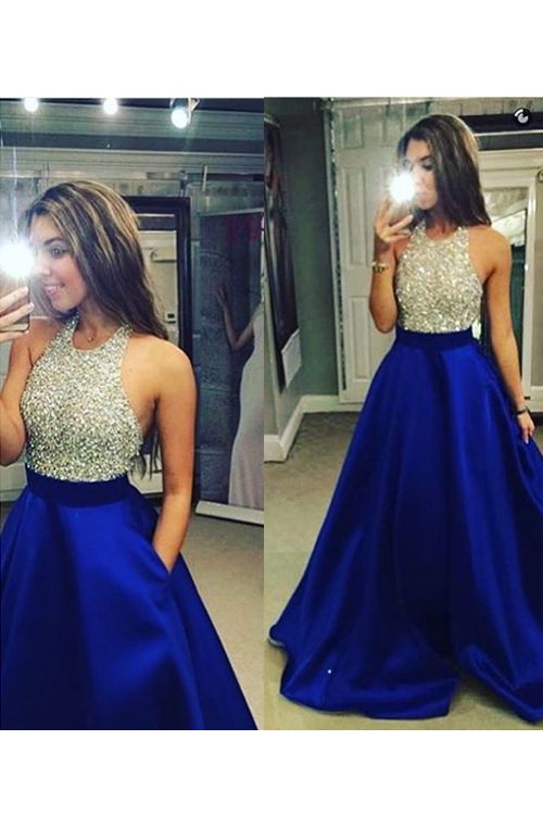 High Neck Royal Blue Long Prom Dresses,bodice Beads Evening Prom Dress Ball Gown With Pocket Formal Women Dress,graduation Dress