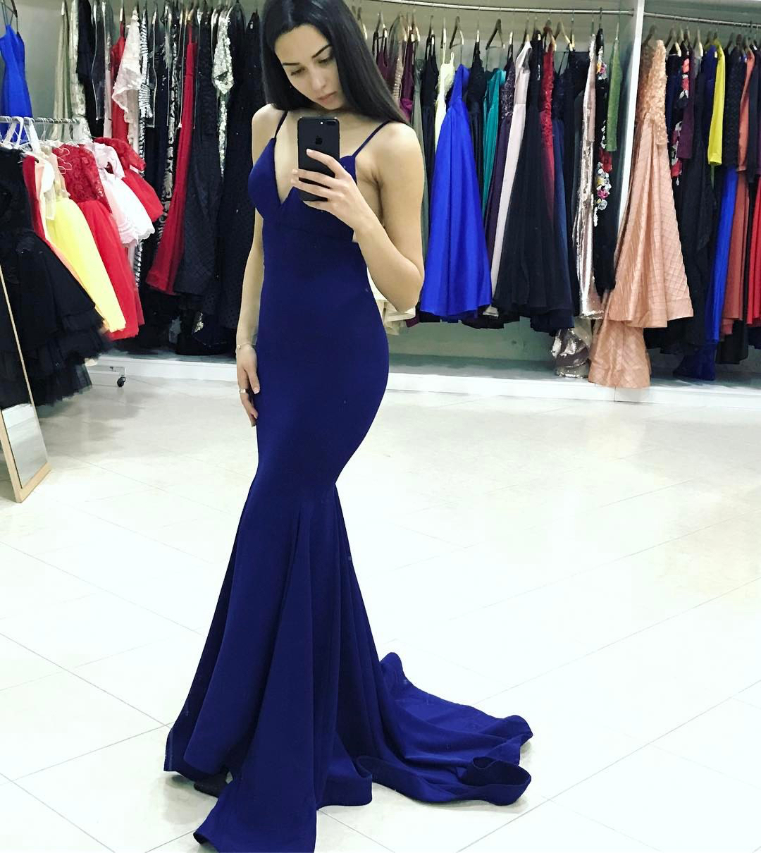 2018 Sexy Royal Blue V Neck Backless Mermaid Prom Dress, With Spaghetti Straps Formal Gown