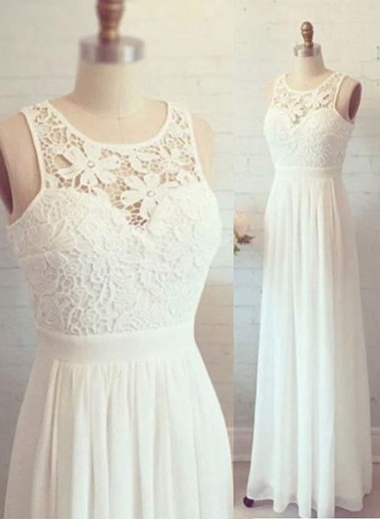 White A Line Chiffon Lace Long Prom Dress, Lace Evening Dress, Prom Dresses,long Formal Gowns,chiffon Prom Dresses