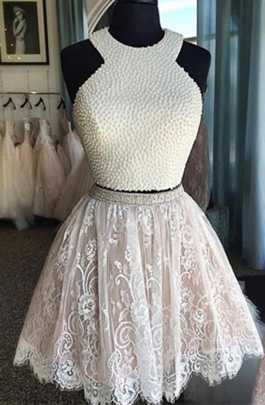 Sexy Two-piece Halter White Lace Homecoming Dress Beaded,party Dress,graduation Dress,a-line Prom Dresses, Prom Dress
