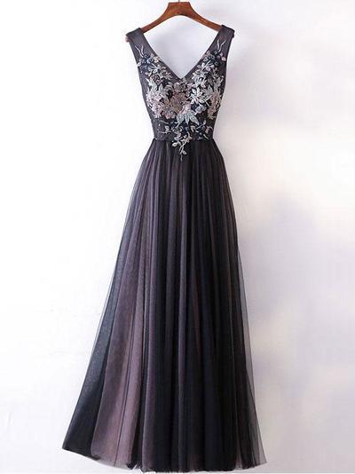 Simple A-line V-neck Dark Grey Simple Long Prom Dresses 2018 Prom Gowns Tulle Evening Dress