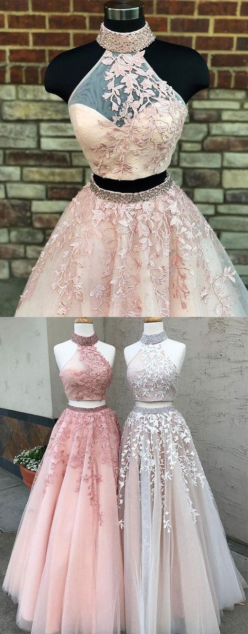 Unique Two Pieces Lace Long Prom Dress, Lace Evening Dress