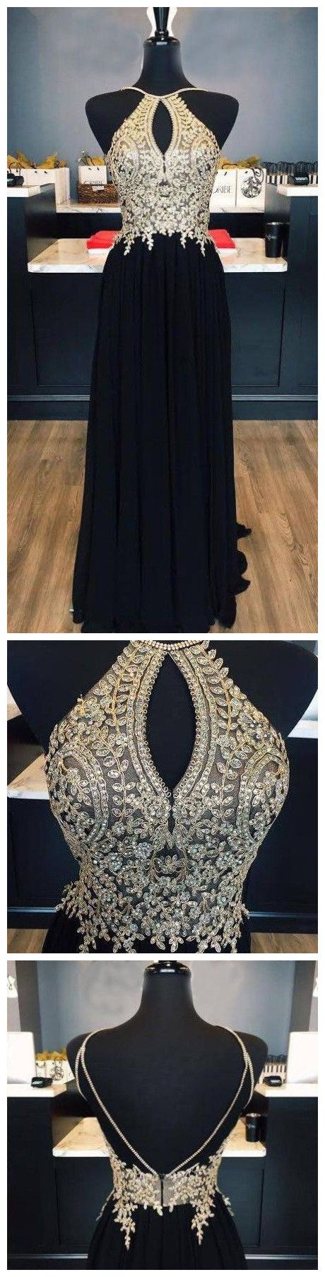 Chic Black Gold Prom Dress A-line Spaghetti Straps Applique Long Prom Dress Party Dress