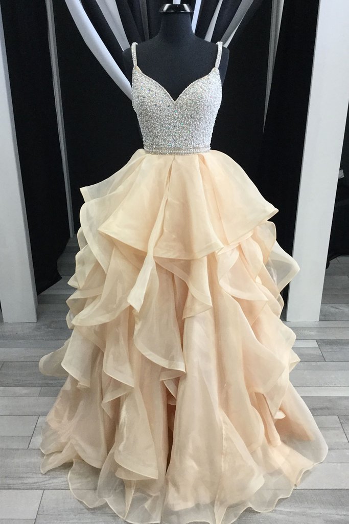 champagne tulle beaded A-line long prom dress, PD33364