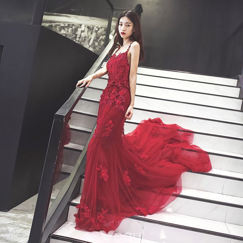 New Arrival Mermaid Spaghetti Straps Red Tulle Long Prom/Evening Dress with Appliques