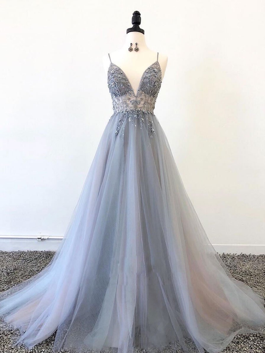 Sparkly Prom Dresses Aline Spaghetti Straps Long Grey Prom Dress Fashion Evening Dress JKL1635