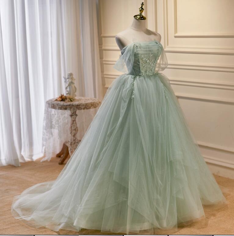 Light Grees Off The Shoulder Tulle A-line With Applique Prom Dress