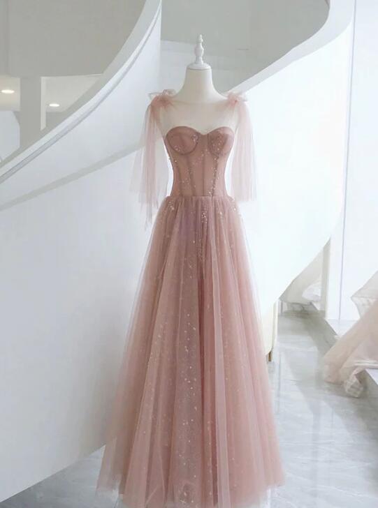 A-line Pink Round Neck Tulle Long Prom Dresses, Pink Formal Evening Dress