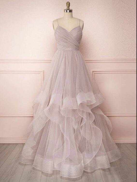 Simple Lotus Root Starch Tulle Long Prom Dress, Tulle Evening Dress
