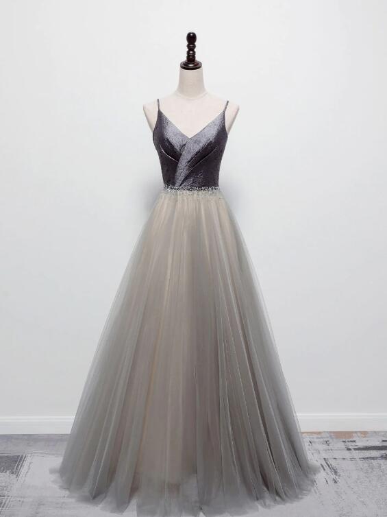 Simple Gray V Neck Tulle Long Prom Dress, Gray Tulle Formal Dress