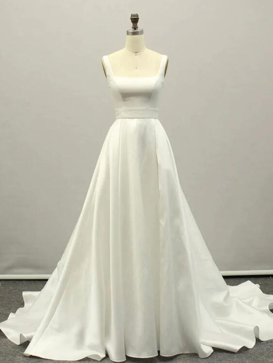 White A Line Satin Long Prom Dress , White Long Bridesmaid Dress