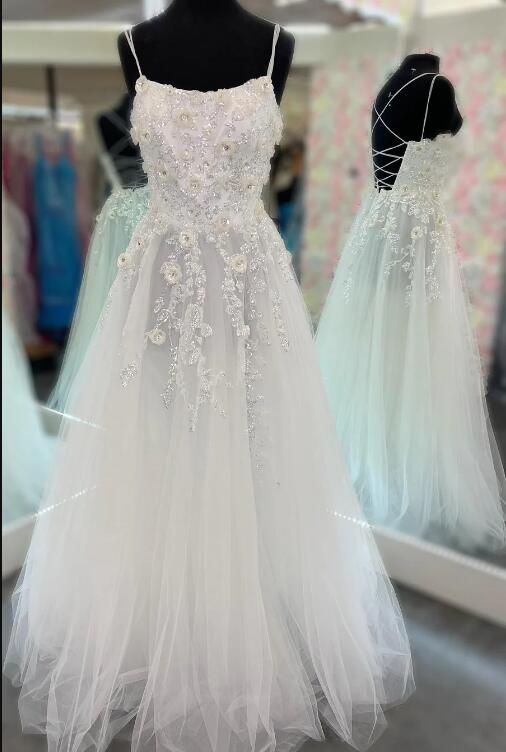 White Tulle Floral Applique Lace-up Back A-line Long Prom Dress
