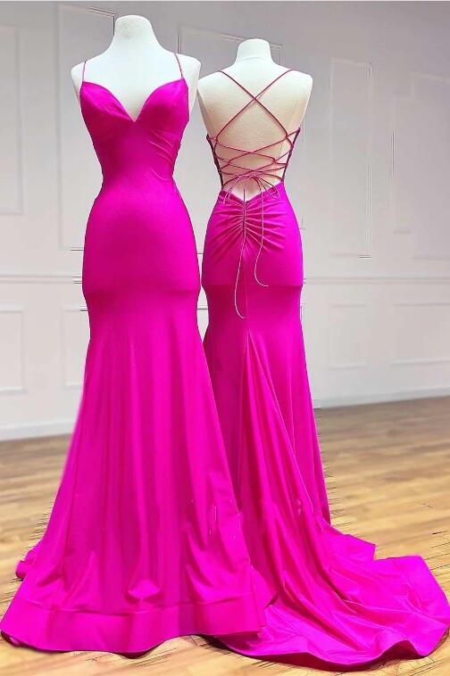 Magenta V-neck Lace-up Back Mermaid Long Prom Dress