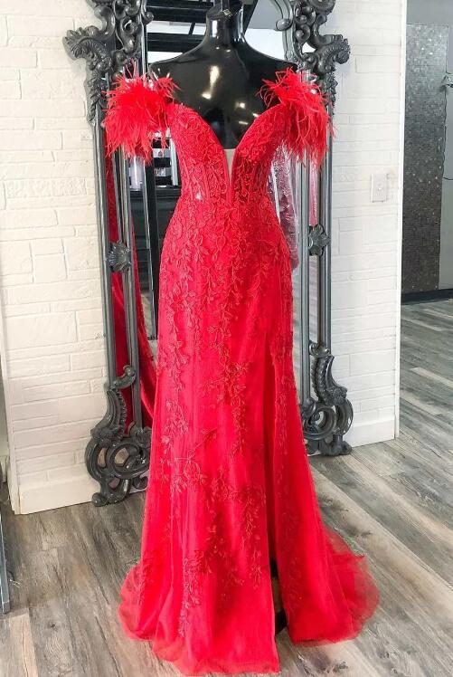 Red Floral Lace Feather Off-the-shoulder Mermaid Long Prom Dress 2025 Formal  Dress on Luulla