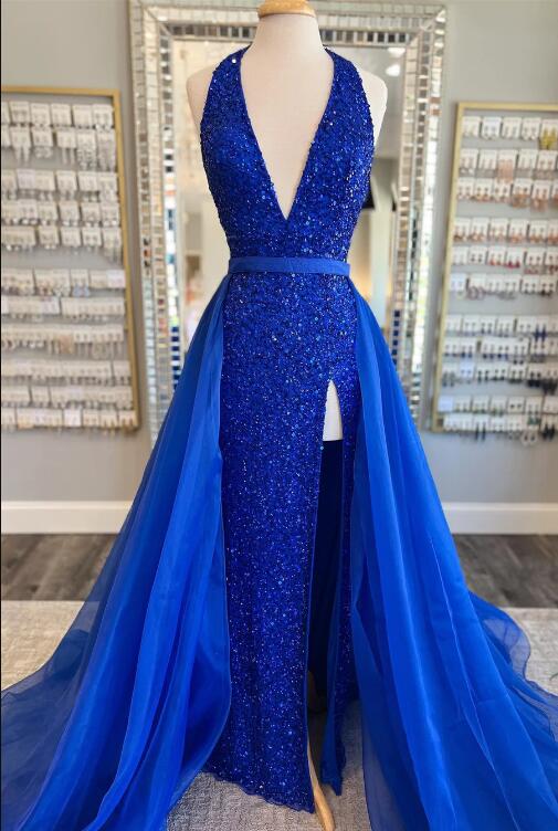 Tiered Ruffles A-Line Light Blue Halter Neckline Sequin Prom Dress