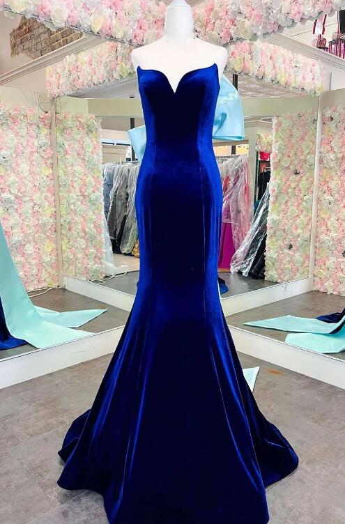 Blue Velvet Strapless Bow-back Mermaid Long Prom Dress