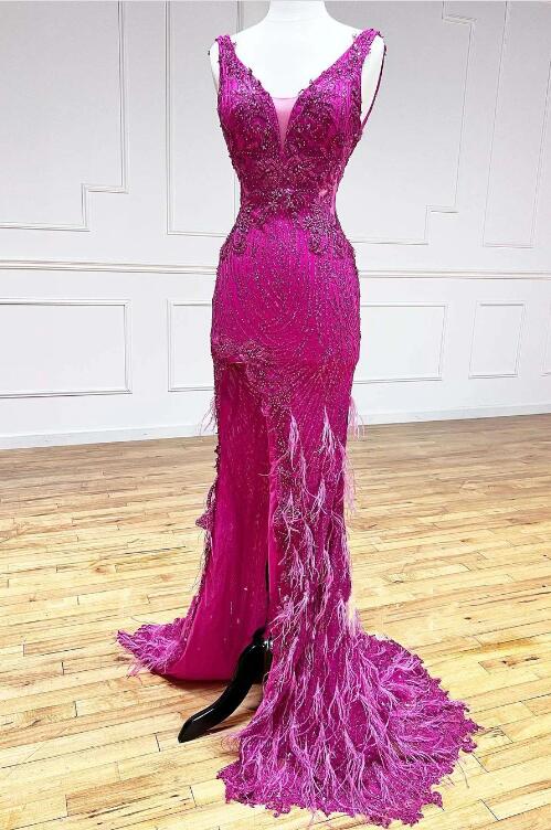 Magenta Sequin V-Neck Mermaid Long Prom Dress