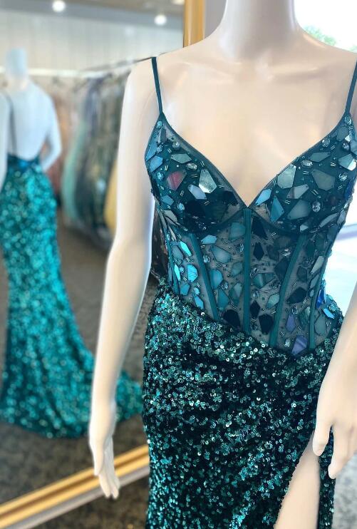 Emerald Green Sequin Cut Glass Mirror Long Prom Dress With Slit