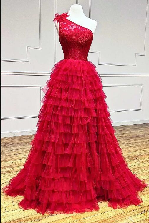 One-shoulder Red Lace A-line Tiered Dress With Ruffles