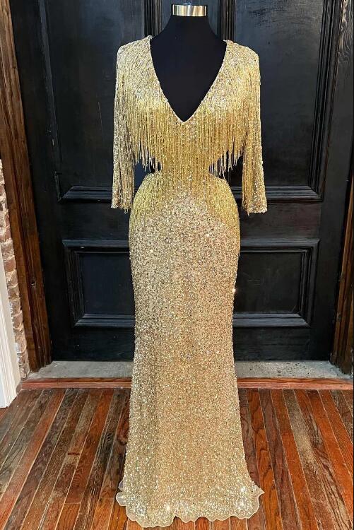 Gold Sequin V-neck Half Sleeve Fringes Long Prom Dress