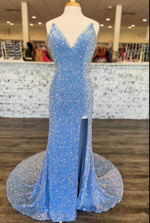 Blue Iridescent Sequin Strapless Mermaid Formal Dress With Slit
