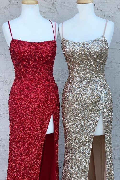 Exquisite tailoring White Sequin Spaghetti Strap Mermaid Long Formal Dress