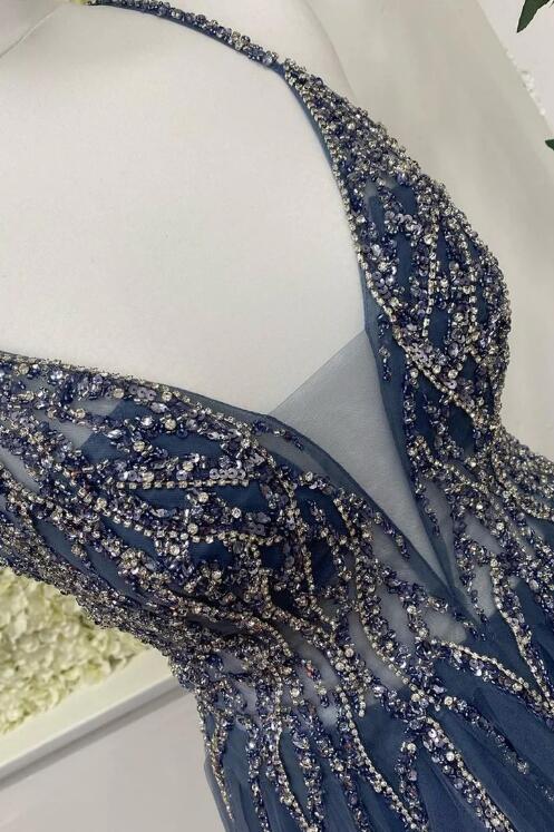 V-Neck Navy Blue Appliques Sparkle Tulle Long Prom Dress main image 0