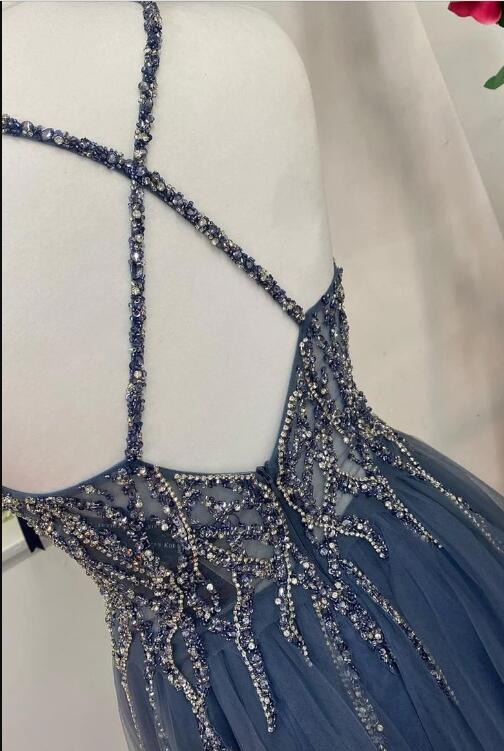 Navy Blue Tulle V-neck Backless Beaded Long Prom Dress on Luulla