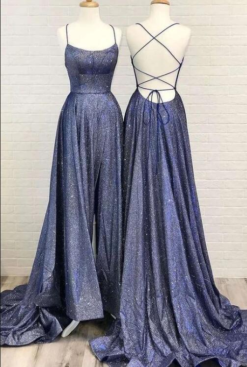 Navy Blue Sequin Backless A-line Prom Dress