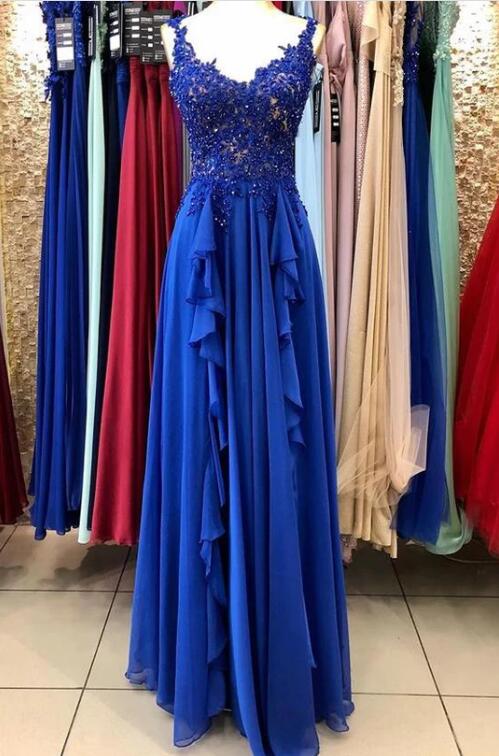 Pleated Royal Blue Appliqués Beaded Ruffled Prom Dress