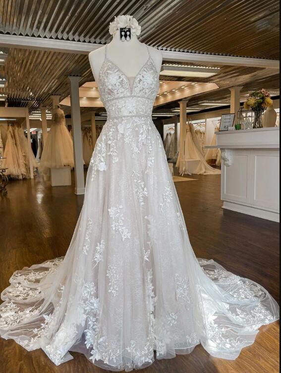 Unique V Neck Tulle Lace Long Prom Dress, Lace Wedding Dress